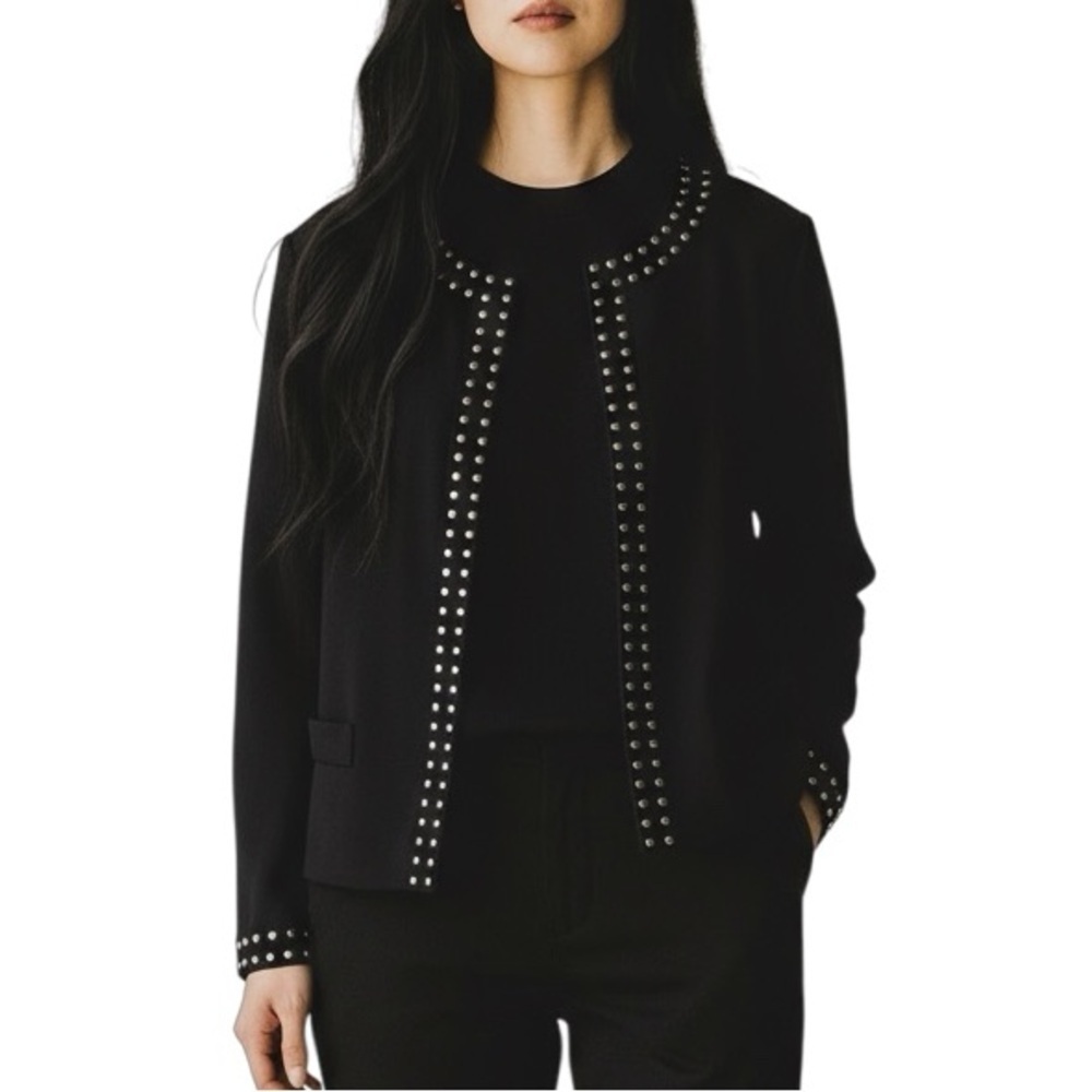 Fashion Bug Blazer Studded Black Collarless Open Front